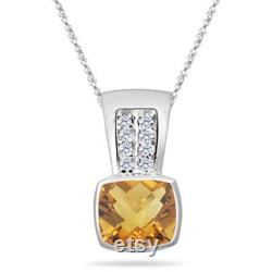0.10 Cts Diamond and 1.59 Cts Citrine Pendant in 14K White Gold