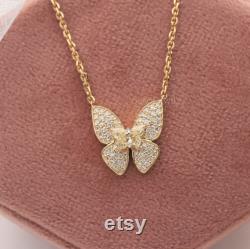 0.55 Carat Butterfly Cut Lab Grown Diamond Necklace Yellow Colored Hand Made Diamond Wedding Necklace 14K Yellow Gold Pave Set Necklace