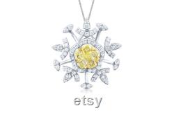 0.8 Carat Natural Yellow Diamond Pendant, C-cube Cluster Center Piece Snowflakes Pendant Crafted in 18K White Gold