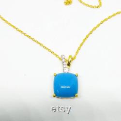 1.22 Ct Cushion Cut Turquoise and Diamond Solitaire Engagement Pendant Necklace With Solid 14K Yellow Gold Over