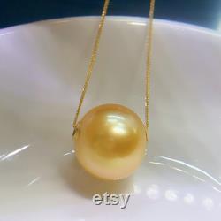 13.3mm Big South Sea Golden Floating Pearl Pendant Necklace Very High Luster 18k Yellow Gold Pin End Chain