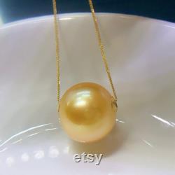 13.3mm Big South Sea Golden Floating Pearl Pendant Necklace Very High Luster 18k Yellow Gold Pin End Chain