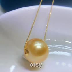 13.3mm Big South Sea Golden Floating Pearl Pendant Necklace Very High Luster 18k Yellow Gold Pin End Chain