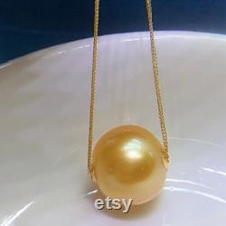 13.3mm Big South Sea Golden Floating Pearl Pendant Necklace Very High Luster 18k Yellow Gold Pin End Chain