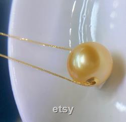 13.3mm Big South Sea Golden Floating Pearl Pendant Necklace Very High Luster 18k Yellow Gold Pin End Chain