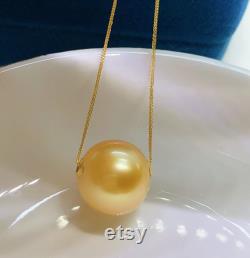 13.3mm Big South Sea Golden Floating Pearl Pendant Necklace Very High Luster 18k Yellow Gold Pin End Chain