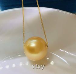 13.3mm Big South Sea Golden Floating Pearl Pendant Necklace Very High Luster 18k Yellow Gold Pin End Chain