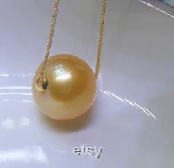 13.3mm Big South Sea Golden Floating Pearl Pendant Necklace Very High Luster 18k Yellow Gold Pin End Chain