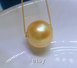 13.3mm Big South Sea Golden Floating Pearl Pendant Necklace Very High Luster 18k Yellow Gold Pin End Chain