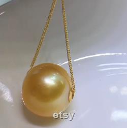 13.3mm Big South Sea Golden Floating Pearl Pendant Necklace Very High Luster 18k Yellow Gold Pin End Chain