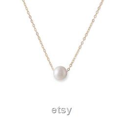 14 Karat Gold Necklace with Cultured Freshwater Floating Pearl Round Single Pearl Necklaces Mother of Pearl 16 Gold Chain Necklace