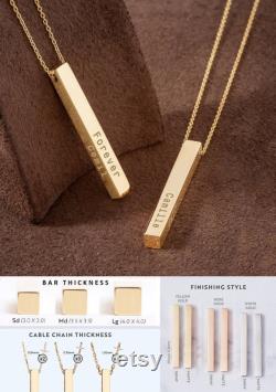 14K 18k Real Gold Personalized Vertical 3 cm Bar Necklace, 4 Side Custom Name Engrave Necklace, 3D Bar Family Necklace, Personalize Gift for