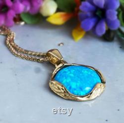 14K Gold Blue Opal Pendant, Vintage Necklace, Opal Necklace, October Birthstone, Opal Jewelry, Dainty Gold Necklace, Anniversary Gift