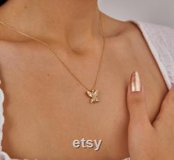 14K Gold Butterfly Necklace, Crystal Butterfly Necklace, Simple Pendant, Tiny Necklace, Wife Birthday Gift Ideas, Christmas and Halloween Gift