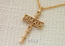 14K Gold Cross Necklace Women, Solid Gold Cross Pendant Necklace, Personalized Cross with Dates Customized Cross Necklace