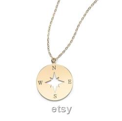 14K Gold Dainty Compass Charm, Gold Necklace, Yellow Gold, Solid Gold Disc Pendant, Nautical Jewelry, Travel Charm, Engraved Gift For Her
