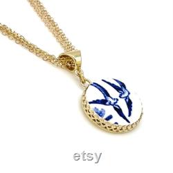 14K Gold Love Birds China Pendant or Necklace, Broken China Jewelry, Romantic 20th Anniversary Gift for Wife, Vintage Blue Willow China