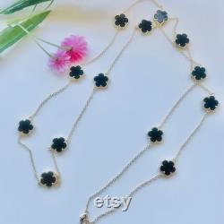14K Gold Plated Onyx Flower Necklace 925 Sterling Silver Black Onyx Clover Gift For Her Cyber Monday