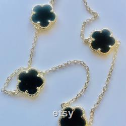 14K Gold Plated Onyx Flower Necklace 925 Sterling Silver Black Onyx Clover Gift For Her Cyber Monday