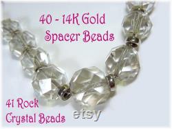 14K Gold Rock Crystal Faceted Necklace 40 14K White Gold Beads 14K Diamond Clasp Quartz Pools Of Light Orbs Celestial FREE SHIPPING
