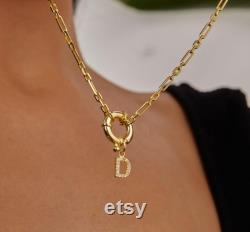 14K Gold Sailor Lock Letter Necklace, Zircon Stone Initial Jewelry, Unique Pendant, Paperclip Chain Necklace, Personalized Christmas Gifts