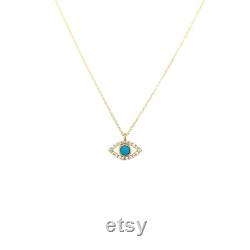 14K Gold Turquoise Evil Eye Necklace with Zircons, Dainty Solid Gold Necklace, Lucky Necklace