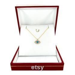 14K Gold Turquoise Evil Eye Necklace with Zircons, Dainty Solid Gold Necklace, Lucky Necklace