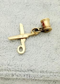 14K Scissors and Spool of Thread Charm- Moveable- Vintage, Estate-Antique, 1940s- Unique- Seamstress Gift- Yellow Gold-