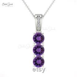 14K Solid Gold Three-stone Pendant Necklace Natural Purple Amethyst Trio Pendant White Diamond-Accented Jewelry Easter Day Sale