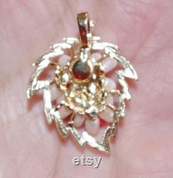 14K Sterling Silver Leaf Seed Pearl and Italian Red Seed Coral Pendent BB