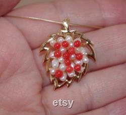 14K Sterling Silver Leaf Seed Pearl and Italian Red Seed Coral Pendent BB
