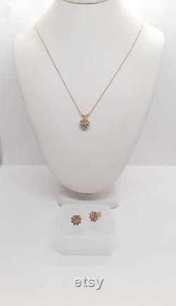 14K Yellow Gold Necklace Diamond Pendant and Earrings
