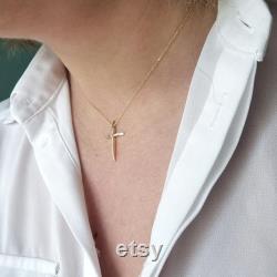 14K Yellow Solid Gold Cross Chain Pendant. Minimalist Christian Necklace. Classy Women Cross Casual Charm Necklace.