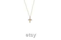 14K Yellow Solid Gold Cross Chain Pendant.White Cubic Zirconia Cross. Classy Women Cross Casual Charm Necklace.