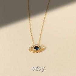14k Diamond Evil Eye Necklace Sapphire Necklace for Women Mother's Day Gift Evil Eye Pendant Diamond Necklace Hamsa Necklace