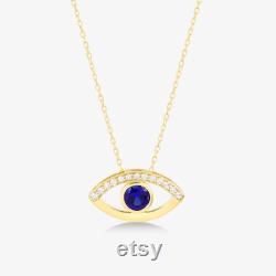 14k Diamond Evil Eye Necklace Sapphire Necklace for Women Mother's Day Gift Evil Eye Pendant Diamond Necklace Hamsa Necklace