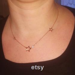 14k Gold Diamond Star Necklace, Station Stars on Chain, Mini Star Sideways Necklace, 925 Silver Dainty Star Chain Necklace, Gift for Her.