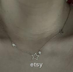 14k Gold Diamond Star Necklace, Station Stars on Chain, Mini Star Sideways Necklace, 925 Silver Dainty Star Chain Necklace, Gift for Her.
