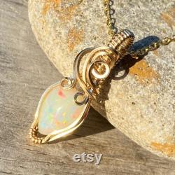 14k Gold Filled Wire Wrapped Opal Pendant, 2.4 ct Ethiopian Opal Pendant, Yellow Gold, Anniversary Gift Opal Jewelry