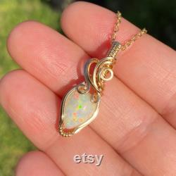 14k Gold Filled Wire Wrapped Opal Pendant, 2.4 ct Ethiopian Opal Pendant, Yellow Gold, Anniversary Gift Opal Jewelry