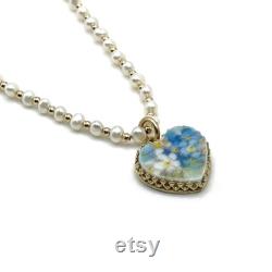 14k Gold Heart Necklace, Forget Me Not Broken China Jewelry, Unique 20th Anniversary Gift for Wife
