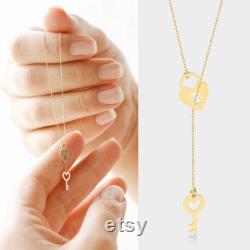 14k Real Gold Heart Key Y Necklace Key and Lock Pendant Chain Necklace Key Jewelry for Women