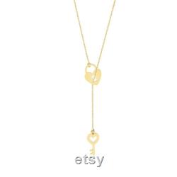 14k Real Gold Heart Key Y Necklace Key and Lock Pendant Chain Necklace Key Jewelry for Women