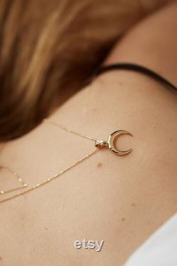 14k Solid Gold Necklace, Crescent Moon Pendant on Beaded Chain, Golden Horn for Creativity And Positivity, Christmas Gift for Her