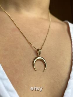 14k Solid Gold Necklace, Crescent Moon Pendant on Beaded Chain, Golden Horn for Creativity And Positivity, Christmas Gift for Her