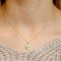14k Solid Gold-Tiny Disc Necklace-Monogram-Personalized Disc Necklace-Gold Initial Disc Necklace-Engraved Disc Necklace-Personalized-JX11