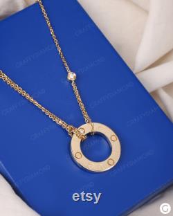 14k Solid Yellow Gold Love Circle Pendant Double Chain Necklace Charm 2 Diamond Circle Pendant Forever Pendant Anniversary Gift Customized