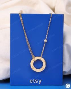 14k Solid Yellow Gold Love Circle Pendant Double Chain Necklace Charm 2 Diamond Circle Pendant Forever Pendant Anniversary Gift Customized