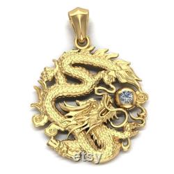 14kt Gold Over Dragon Diamond Necklace, Dragon Pendant, Round Pendant, Dragon Charm Necklace, Dragon Jewelry, Fantasy Necklace, Animal Lover