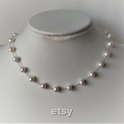 16 Tin Cup (Floating Illusion Station) necklace. Real genuine cultured Freshwater Pearls, White. Girl, women, Prom, Bridal Favorite Jewelry